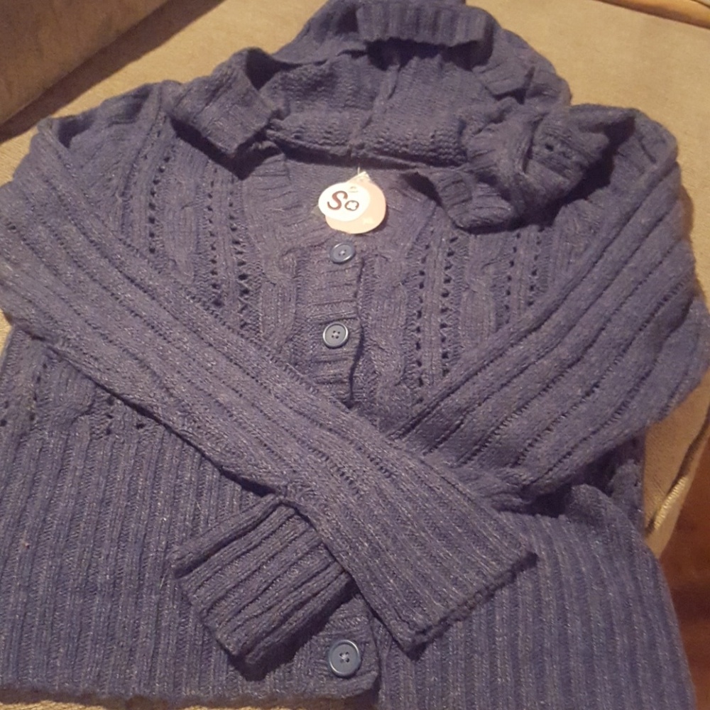 Blue knit button sweater with hood